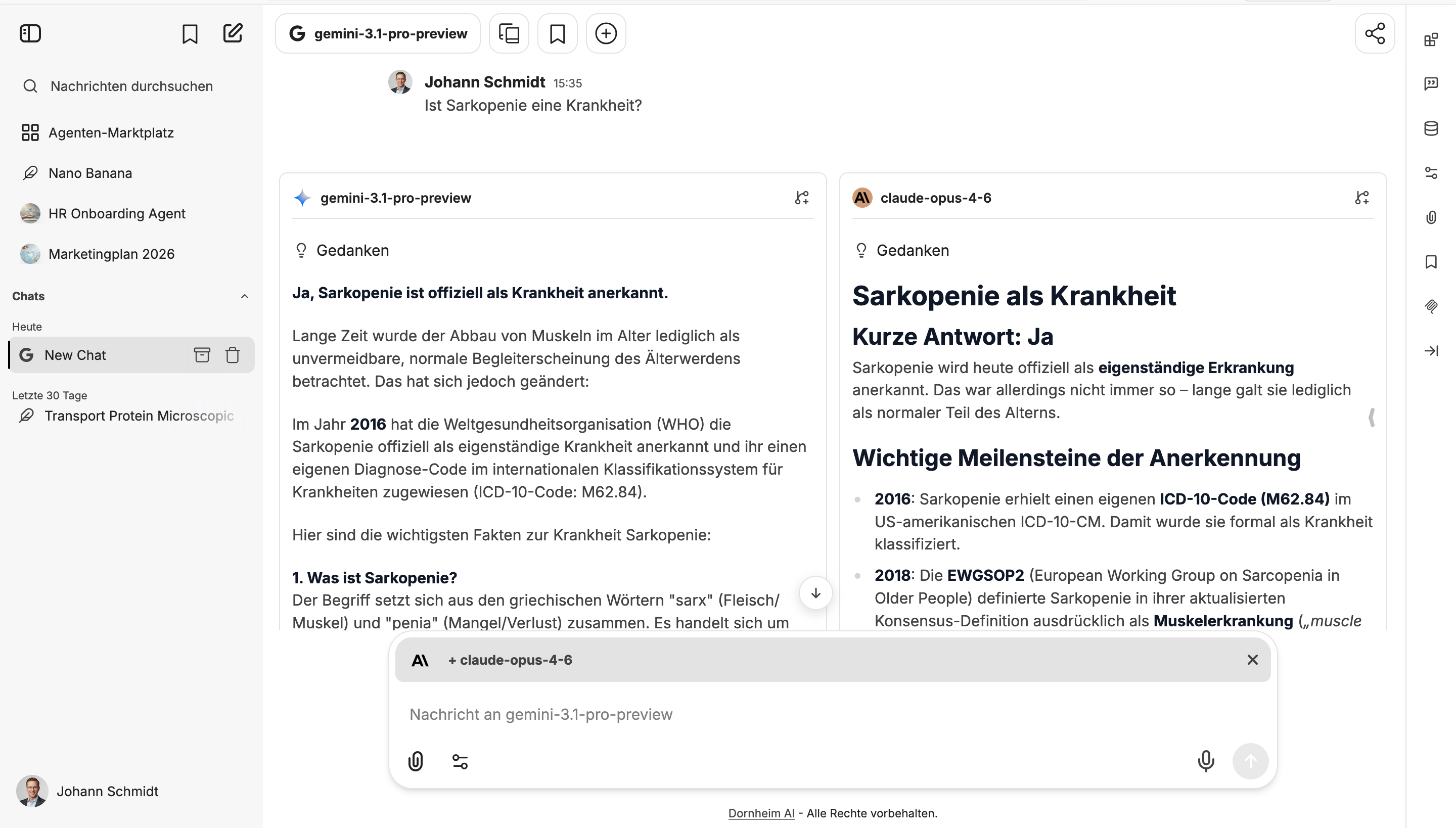 Dornheim AI Platform – two AI models answer the same medical question side by side